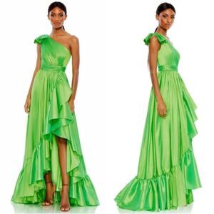Mac Duggal 68027 NWT One Shoulder Bow Asymmetrical Hem Gown in Spring Green